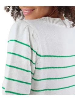 Pull en coton blanc à rayures vertes avec une coupe droite et un col rond