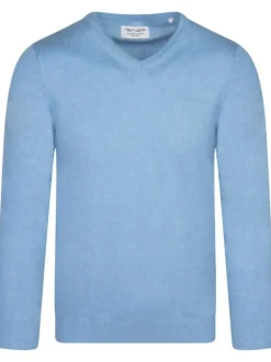 Pull en coton bleu chiné uni avec une coupe droite et un col v