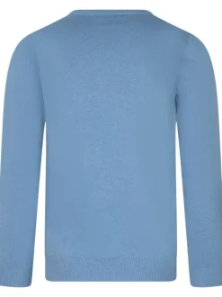 Pull en coton bleu chiné uni avec une coupe droite et un col v