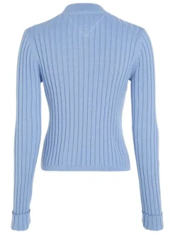 Pull en coton bleu ciel côtelé avec une coupe droite et un col montant