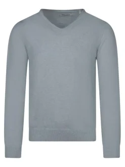 Pull en coton bleu clair à coupe droite pourvu d'un col v côtelé