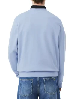 Pull en coton bleu à coupe droite pourvu d'un col rond en maille piquée