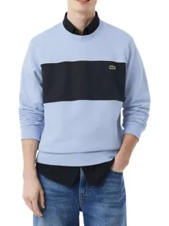 Pull en coton bleu à coupe droite pourvu d'un col rond en maille piquée