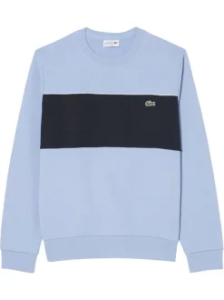 Pull en coton bleu à coupe droite pourvu d'un col rond en maille piquée