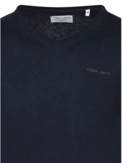 Pull en coton bleu foncé à coupe droite pourvu d'un col v côtelé