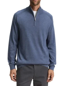 Pull en coton bleu uni avec un col camionneur côtelé à zip
