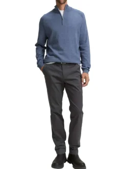 Pull en coton bleu uni avec un col camionneur côtelé à zip