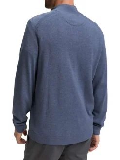Pull en coton bleu uni avec un col camionneur côtelé à zip