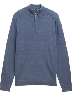 Pull en coton bleu uni avec un col camionneur côtelé à zip