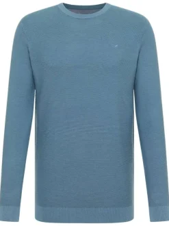 Pull en coton bleu uni avec un col rond et des manches longues