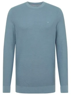 Pull en coton bleu uni droit à col rond et manches longues et broderie cheval