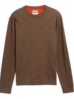 Pull en coton brun uni avec un col rond et des manches longues
