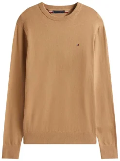 Pull en coton camel uni avec un col rond et des manches longues