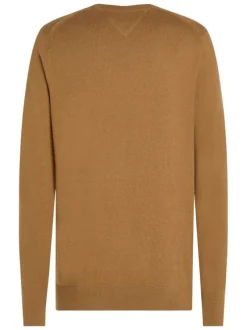 Pull en coton camel uni avec une coupe droite un col rond et un logo brodé