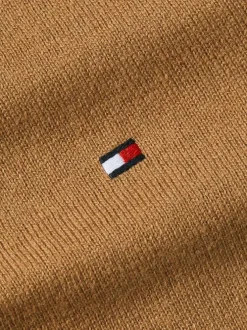 Pull en coton camel uni avec une coupe droite un col rond et un logo brodé