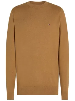 Pull en coton camel uni avec une coupe droite un col rond et un logo brodé