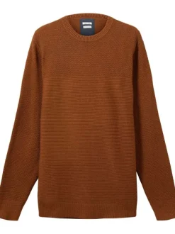 Pull en coton camel uni maille serrée à coupe droite et col rond