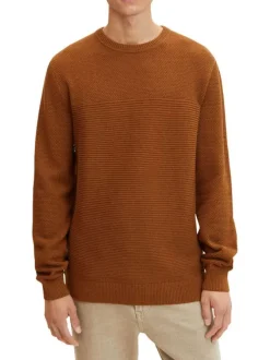 Pull en coton camel uni maille serrée à coupe droite et col rond
