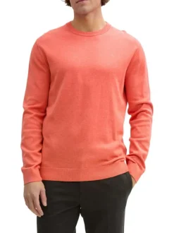 Pull en coton corail chiné avec un col rond et le logo de la marque brodé