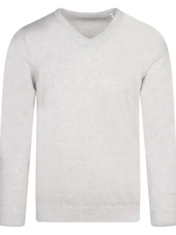 Pull en coton écru chiné uni avec un col v et une coupe droite