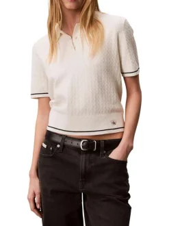 Pull en coton écru à coupe ajustée pourvu d'un col à revers boutonné