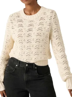 Pull en coton écru à coupe ajustée pourvu d'un col rond côtelé