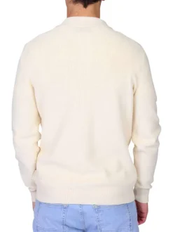 Pull en coton écru à coupe droite pourvu d'un col à revers zippé