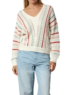 Pull en coton écru à rayures ajouré avec une coupe ajustée et un col v
