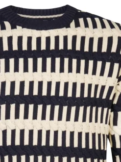 Pull en coton écru à rayures et coupe droite, col rond et manches longues
