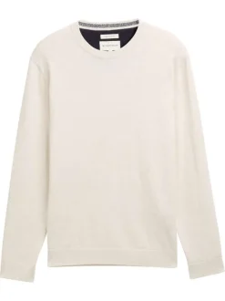 Pull en coton écru uni avec un col rond et des manches longues
