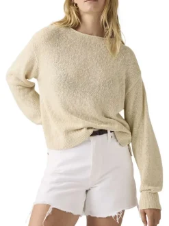 Pull en coton écru uni avec une coupe droite et un col rond