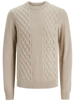 Pull en coton et laine écru uni coupe droite avec un col rond