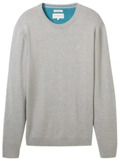 Pull en coton gris uni avec une coupe droite un col rond et logo brodé
