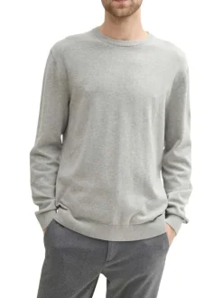 Pull en coton gris uni avec une coupe droite un col rond et logo brodé