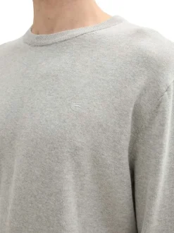 Pull en coton gris uni avec une coupe droite un col rond et logo brodé