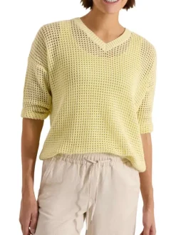 Pull en coton jaune uni pourvu d'un cordon de serrage et de manches longues
