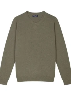 Pull en coton kaki chiné avec un col v et logo brodé sur la poitrine