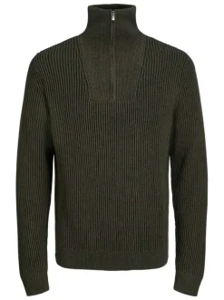 Pull en coton kaki en maille jersey avec une coupe droite et un col camionneur