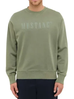 Pull en coton kaki uni avec un col rond et des manches longues