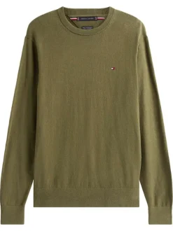 Pull en coton kaki uni avec un col rond et des manches longues