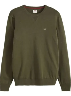 Pull en coton kaki uni avec un col rond et des manches longues