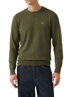 Pull en coton kaki uni avec un col rond et des manches longues