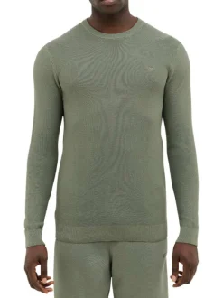 Pull en coton kaki uni avec un col rond et des manches longues