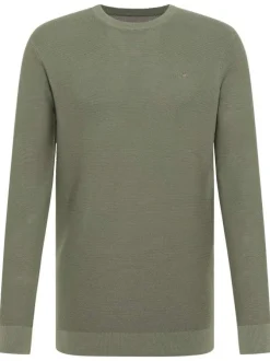 Pull en coton kaki uni avec un col rond et des manches longues