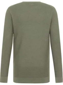 Pull en coton kaki uni avec un col rond et des manches longues