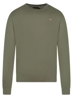 Pull en coton kaki uni avec un col rond et le logo brodé en petit