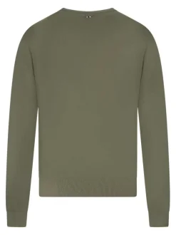 Pull en coton kaki uni avec un col rond et le logo brodé en petit