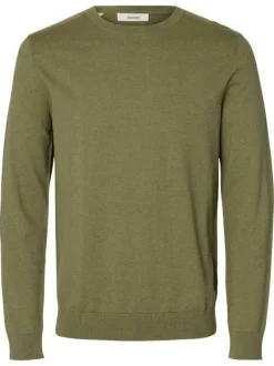 Pull en coton kaki uni avec une coupe droite et des manches longues