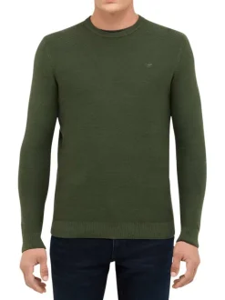 Pull en coton kaki uni avec une coupe droite et un col rond