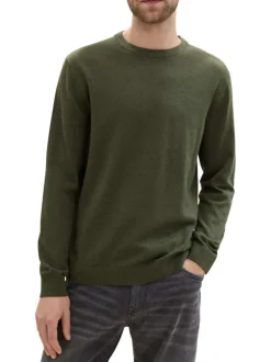 Pull en coton kaki uni avec une coupe droite un col rond et logo brodé